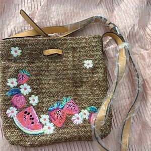 Vera Bradley Brown Straw Bag with Fruit Embroidery